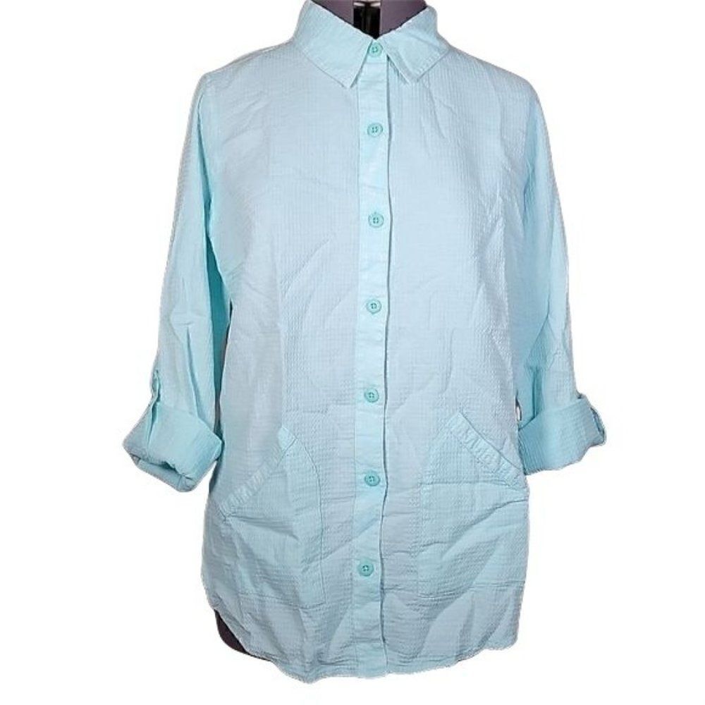 NWOT Denim & Co Waffle Button Front Collared Tunic Sz S